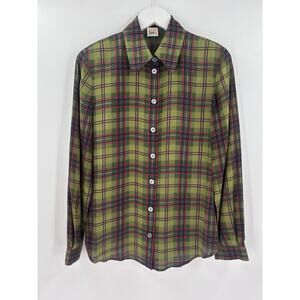 Louis Feraud Button Up Blouse Womens 6 Green 100% Silk Plaid Long Sleeves Collar
